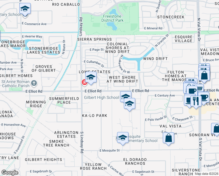 map of restaurants, bars, coffee shops, grocery stores, and more near 966 East Washington Avenue in Gilbert