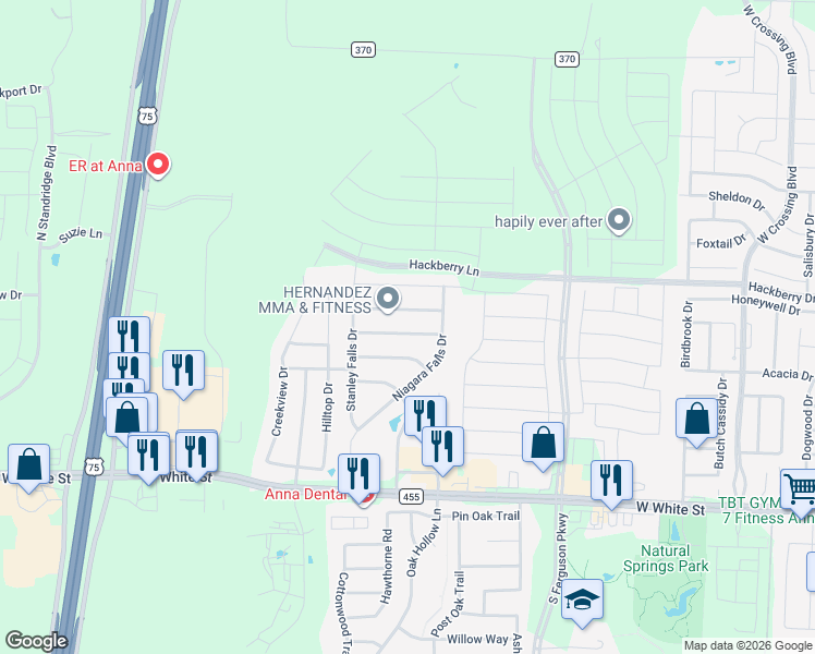 map of restaurants, bars, coffee shops, grocery stores, and more near 2028 Athabasca Falls Drive in Anna