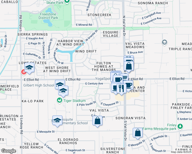 map of restaurants, bars, coffee shops, grocery stores, and more near 1368 North Rock Street in Gilbert
