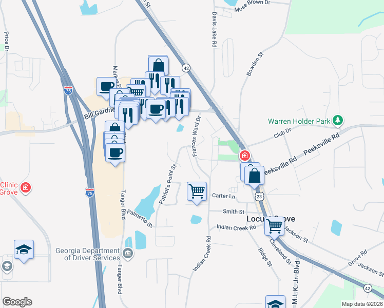 map of restaurants, bars, coffee shops, grocery stores, and more near 113 Colony Park Lane in Locust Grove