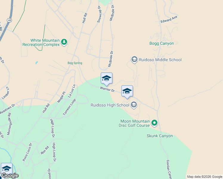 map of restaurants, bars, coffee shops, grocery stores, and more near Warrior Dr in Ruidoso