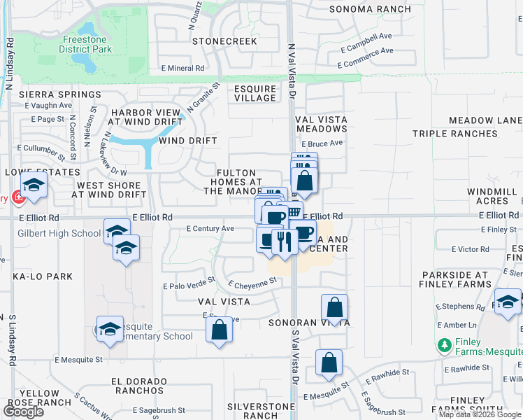 map of restaurants, bars, coffee shops, grocery stores, and more near 21 North Boulder Street in Gilbert