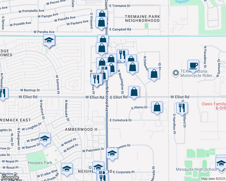map of restaurants, bars, coffee shops, grocery stores, and more near 3089-3165 North Arizona Avenue in Chandler
