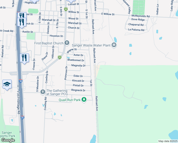 map of restaurants, bars, coffee shops, grocery stores, and more near 107 Eider Drive in Sanger