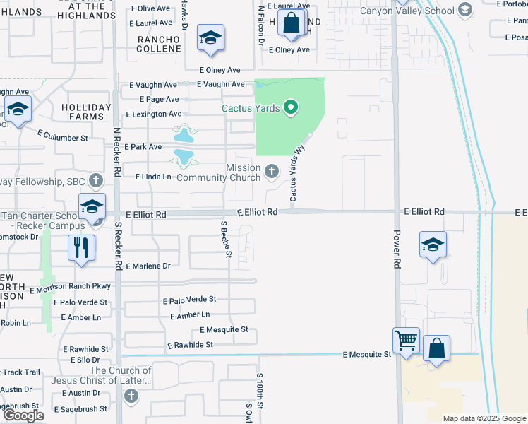 map of restaurants, bars, coffee shops, grocery stores, and more near 17981 East Elliot Road in Gilbert