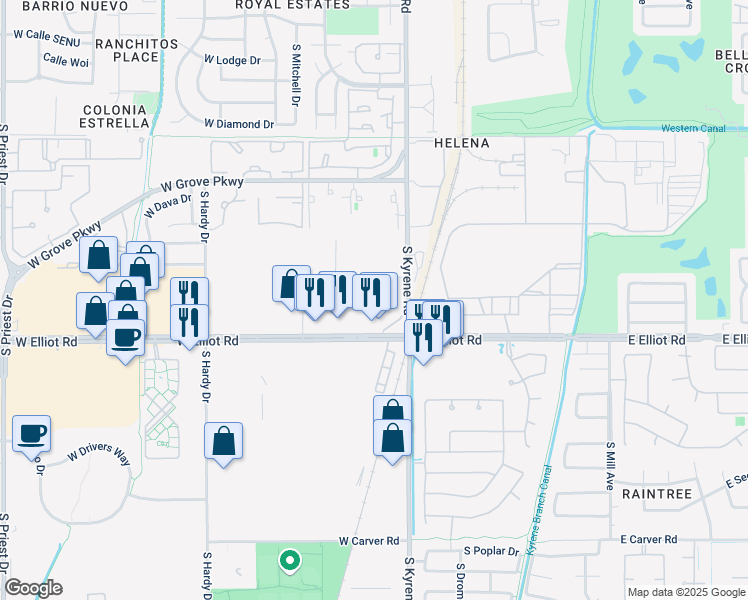 map of restaurants, bars, coffee shops, grocery stores, and more near 7420 South Kyrene Road in Tempe