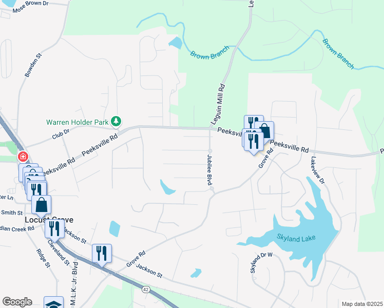 map of restaurants, bars, coffee shops, grocery stores, and more near 357 Victory Lane in Locust Grove