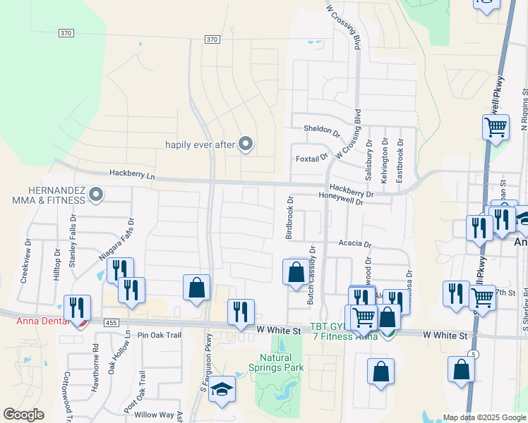 map of restaurants, bars, coffee shops, grocery stores, and more near 116 Cedar Canyon Drive in Anna