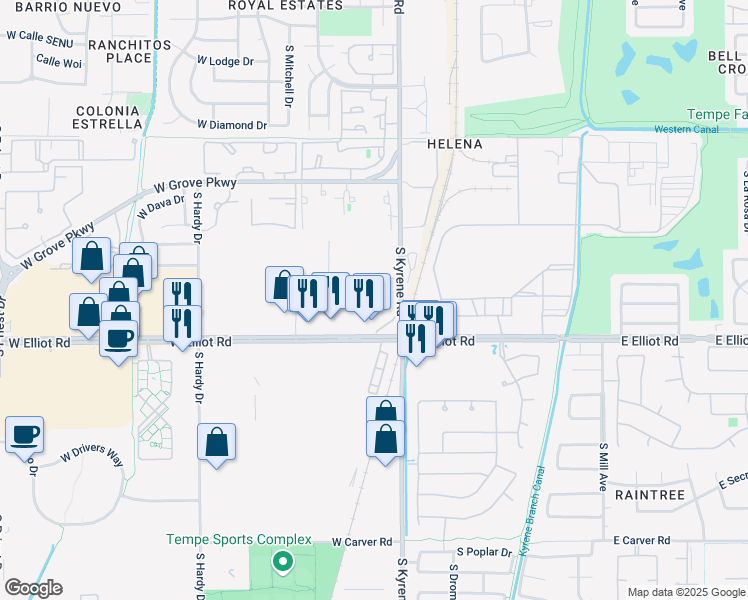 map of restaurants, bars, coffee shops, grocery stores, and more near 7420 South Kyrene Road in Tempe