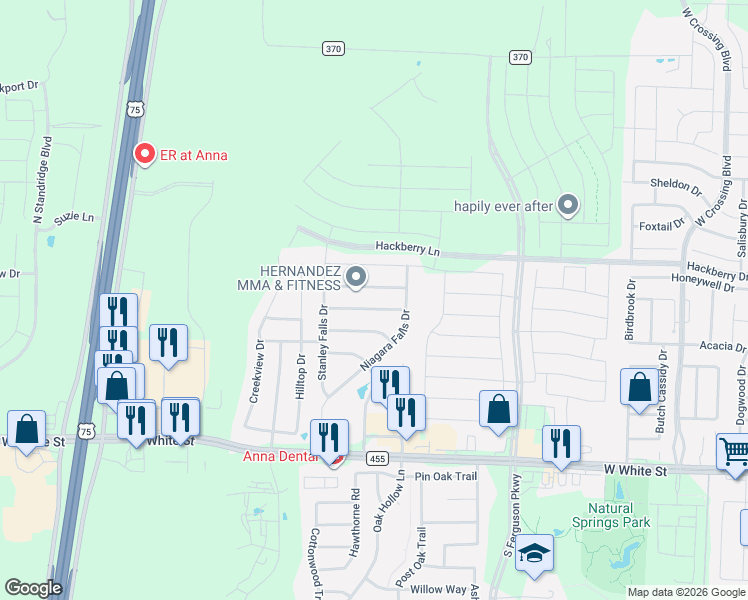 map of restaurants, bars, coffee shops, grocery stores, and more near 2028 Athabasca Falls Drive in Anna