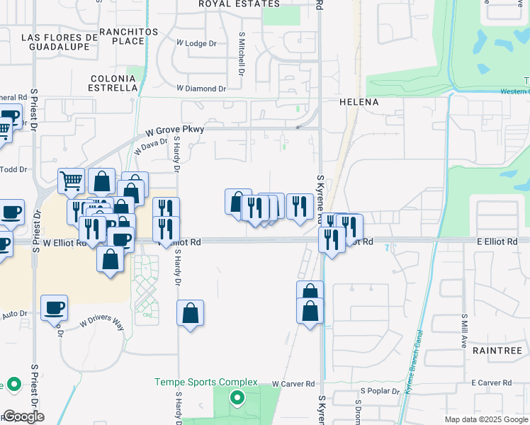 map of restaurants, bars, coffee shops, grocery stores, and more near 7419 South Roosevelt Street in Tempe