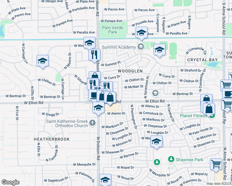 map of restaurants, bars, coffee shops, grocery stores, and more near 1800 West Elliot Road in Chandler