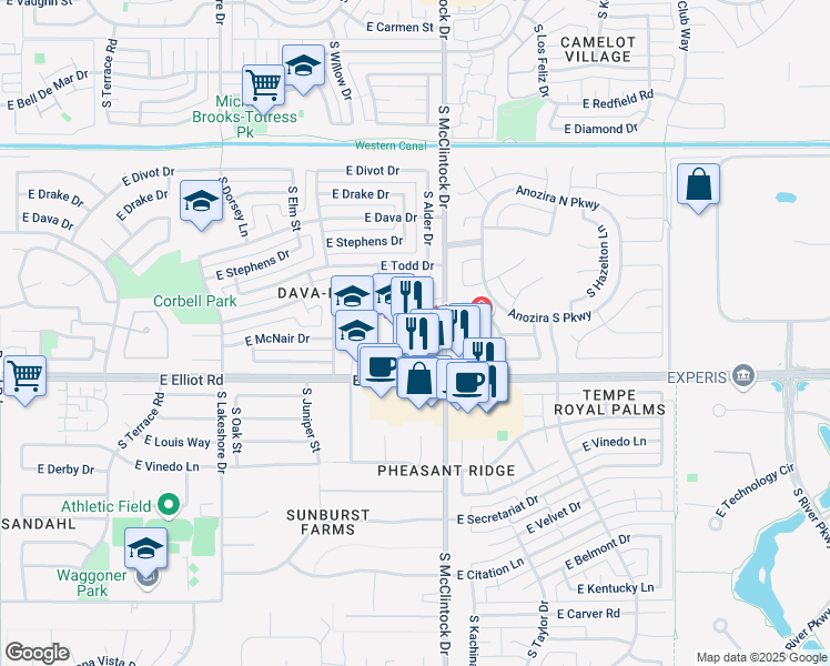 map of restaurants, bars, coffee shops, grocery stores, and more near 1761 East McNair Drive in Tempe
