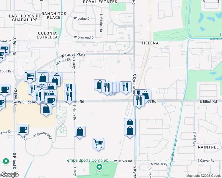 map of restaurants, bars, coffee shops, grocery stores, and more near 7419 S Roosevelt St in Tempe