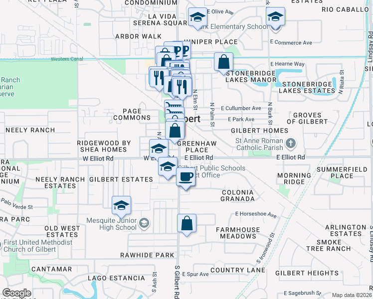 map of restaurants, bars, coffee shops, grocery stores, and more near 6 East Linda Lane in Gilbert