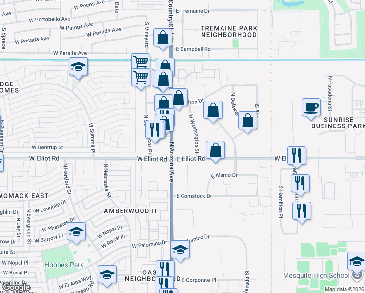 map of restaurants, bars, coffee shops, grocery stores, and more near 3089-3165 North Arizona Avenue in Chandler