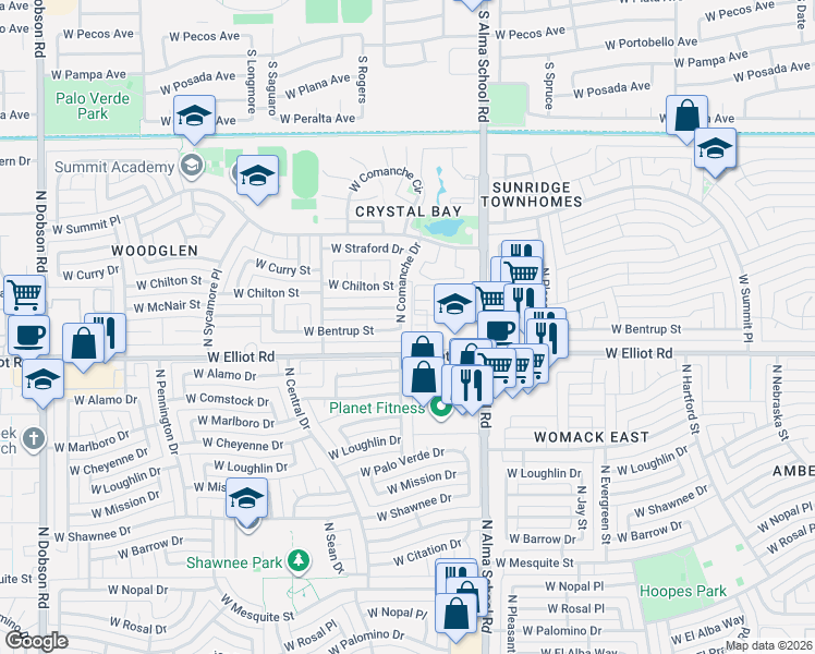 map of restaurants, bars, coffee shops, grocery stores, and more near 1203 West McNair Street in Chandler