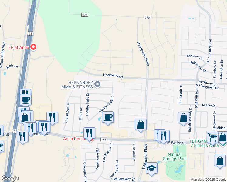 map of restaurants, bars, coffee shops, grocery stores, and more near 2005 Hanakoa Falls Drive in Anna