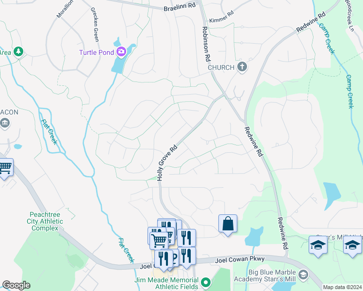map of restaurants, bars, coffee shops, grocery stores, and more near 100 Pepperwood Drive in Peachtree City