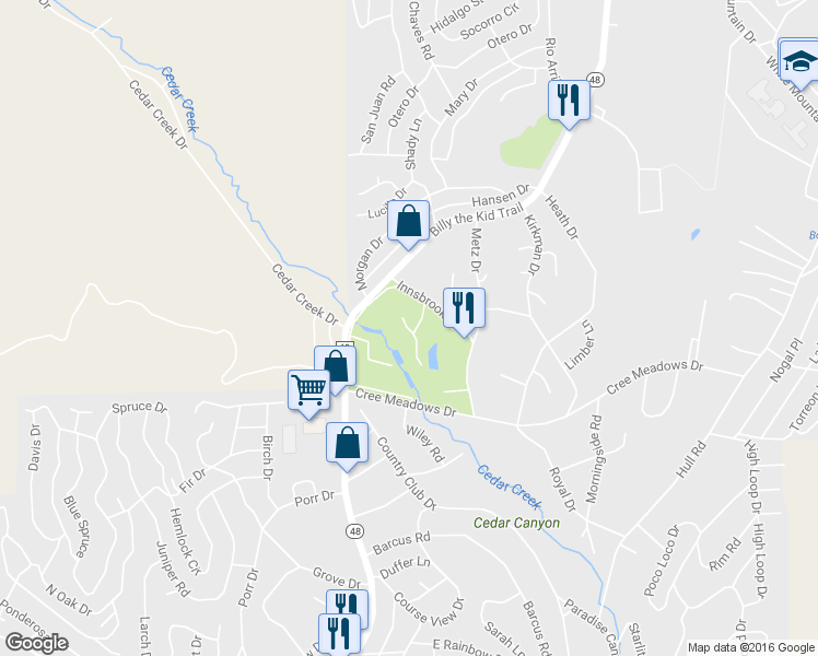 map of restaurants, bars, coffee shops, grocery stores, and more near 35 Saint Moritz Street in Ruidoso