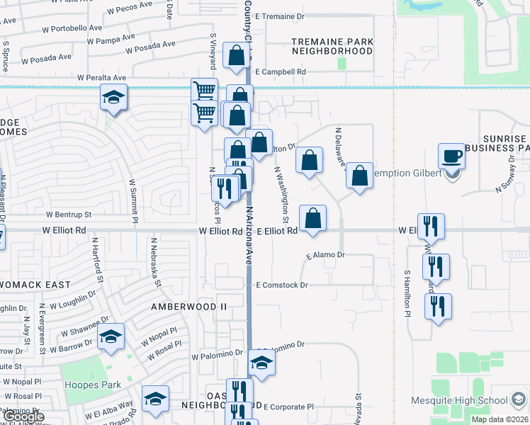 map of restaurants, bars, coffee shops, grocery stores, and more near 3089-3165 North Arizona Avenue in Chandler