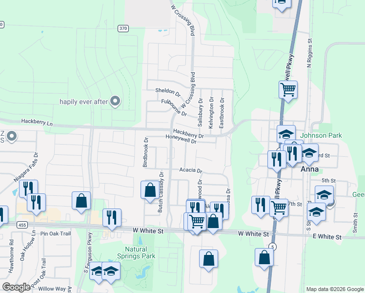 map of restaurants, bars, coffee shops, grocery stores, and more near 1001 Honeywell Drive in Anna