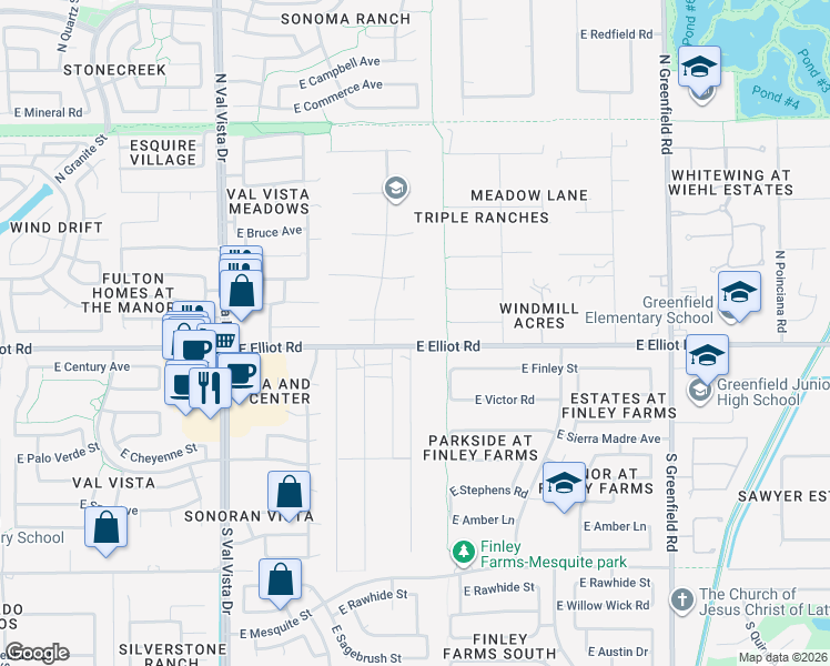 map of restaurants, bars, coffee shops, grocery stores, and more near 1901 East Washington Avenue in Gilbert