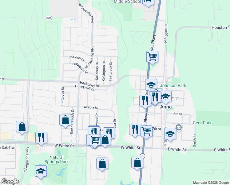 map of restaurants, bars, coffee shops, grocery stores, and more near 109 Hurstwood Court in Anna