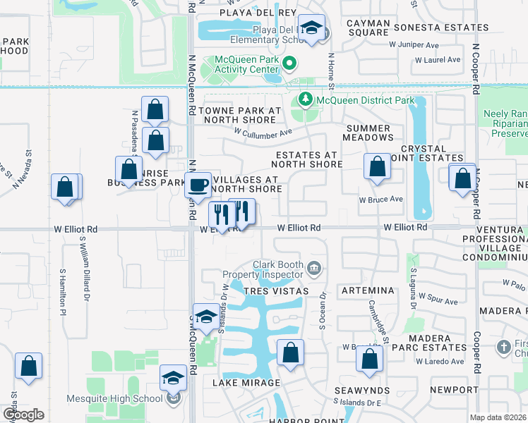 map of restaurants, bars, coffee shops, grocery stores, and more near 1424 West Bruce Avenue in Gilbert