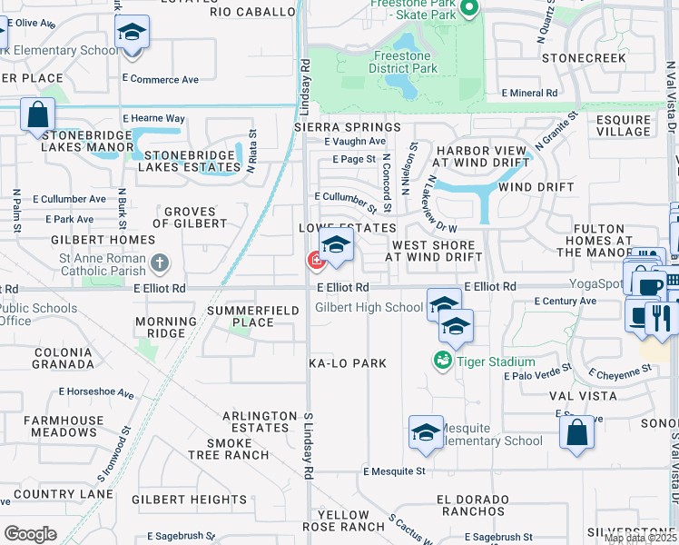 map of restaurants, bars, coffee shops, grocery stores, and more near 862 East Elliot Road in Gilbert
