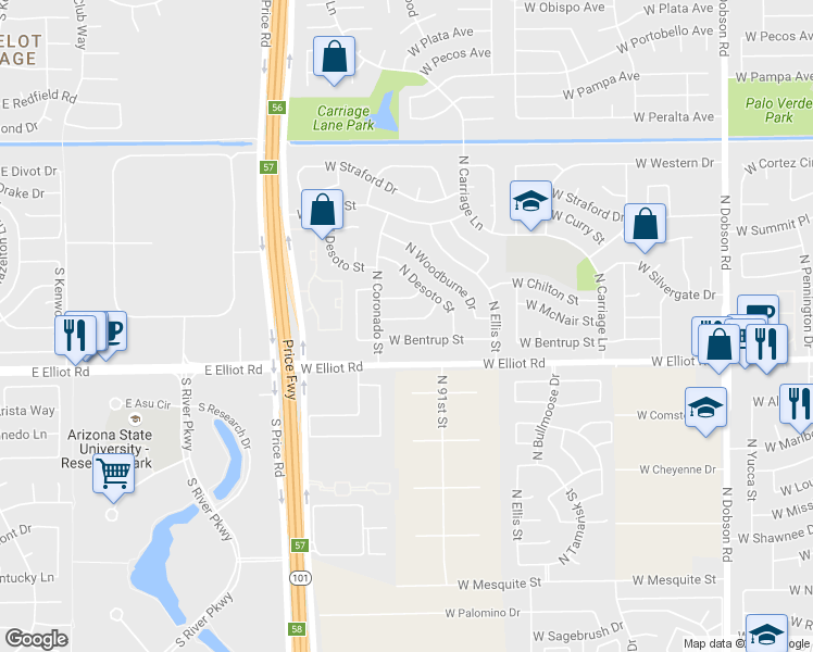 map of restaurants, bars, coffee shops, grocery stores, and more near 2661 West McNair Street in Chandler
