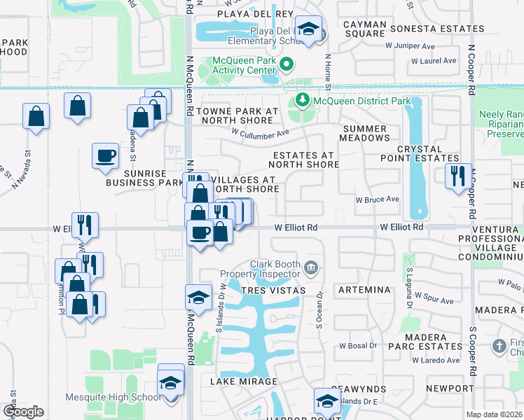 map of restaurants, bars, coffee shops, grocery stores, and more near 1424 West Bruce Avenue in Gilbert