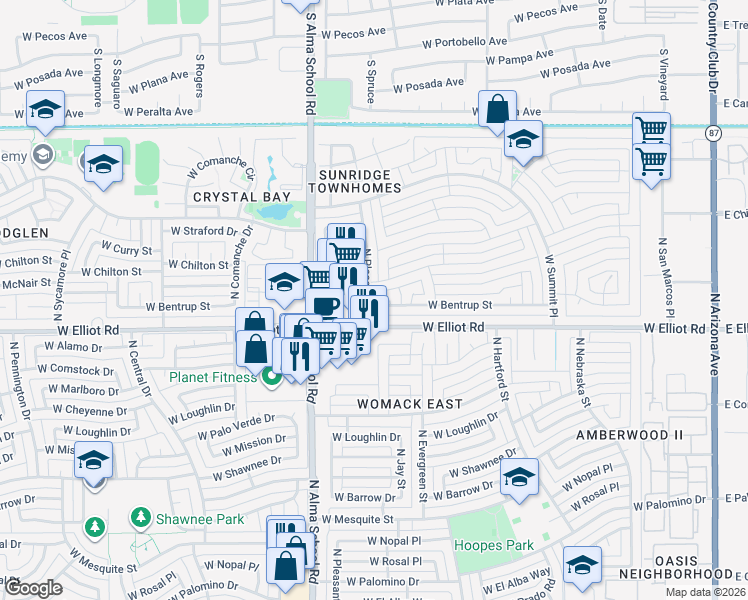 map of restaurants, bars, coffee shops, grocery stores, and more near 3013 North Pleasant Drive in Chandler