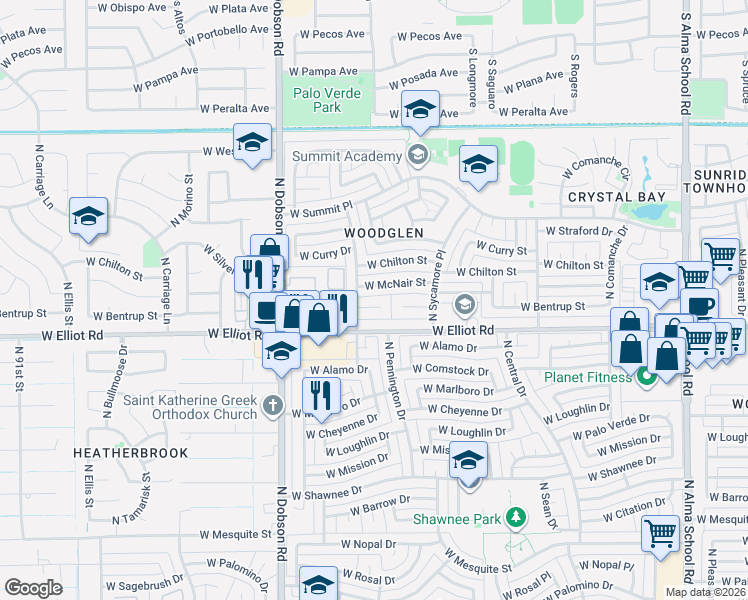 map of restaurants, bars, coffee shops, grocery stores, and more near 1727 West McNair Street in Chandler