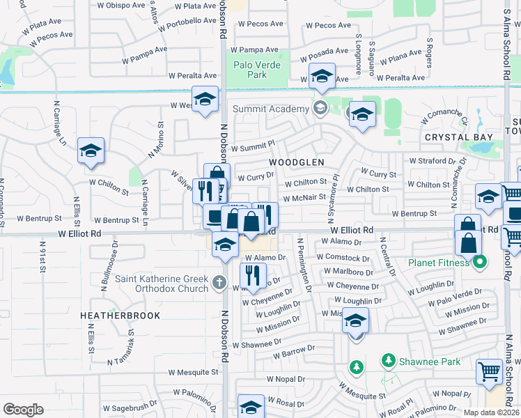map of restaurants, bars, coffee shops, grocery stores, and more near 1800 West Elliot Road in Chandler