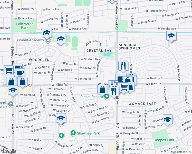 map of restaurants, bars, coffee shops, grocery stores, and more near 1203 West McNair Street in Chandler