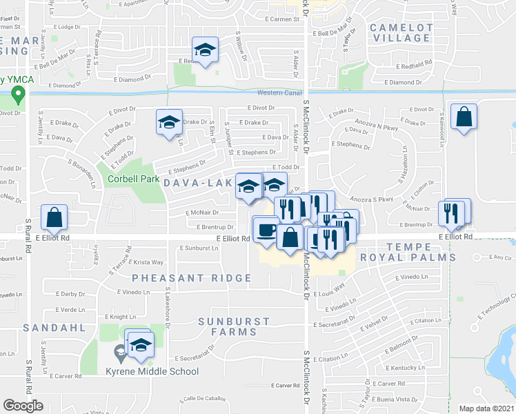 map of restaurants, bars, coffee shops, grocery stores, and more near 7541 South Willow Drive in Tempe