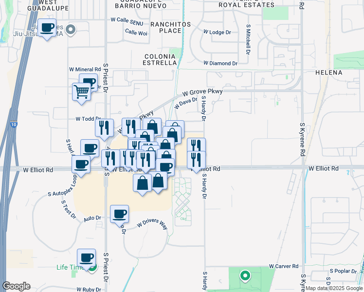 map of restaurants, bars, coffee shops, grocery stores, and more near 1110 West Elliot Road in Tempe
