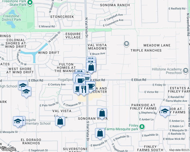map of restaurants, bars, coffee shops, grocery stores, and more near 1652 East Elliot Road in Gilbert