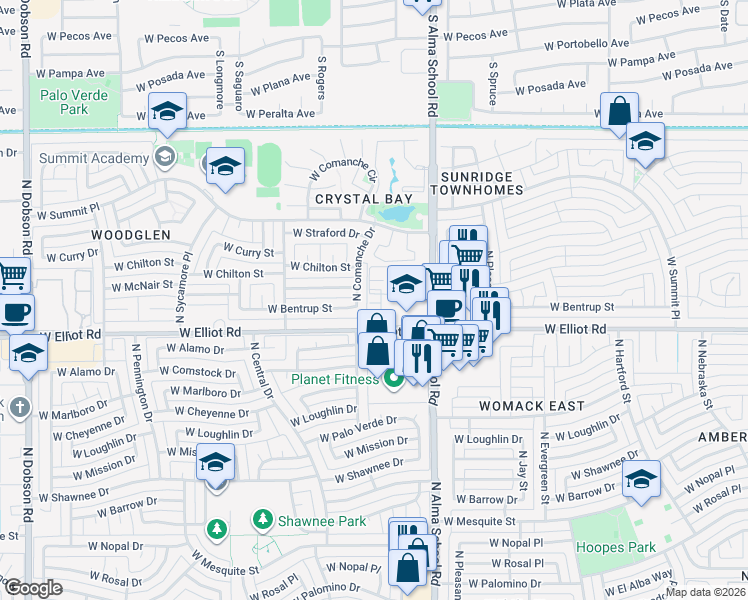 map of restaurants, bars, coffee shops, grocery stores, and more near 1126 West Elliot Road in Chandler