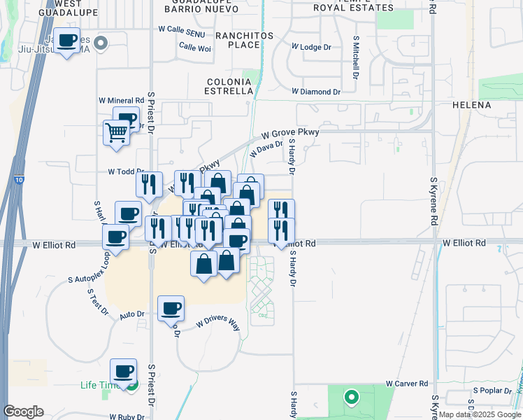 map of restaurants, bars, coffee shops, grocery stores, and more near 1110 West Elliot Road in Tempe