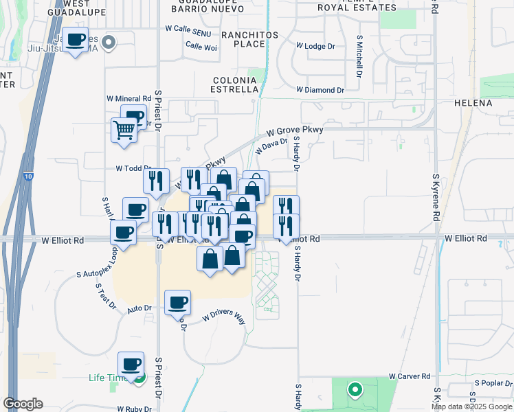map of restaurants, bars, coffee shops, grocery stores, and more near 1140 West Elliot Road in Tempe
