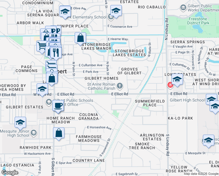 map of restaurants, bars, coffee shops, grocery stores, and more near 406 East Washington Avenue in Gilbert
