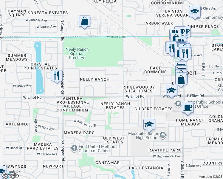 map of restaurants, bars, coffee shops, grocery stores, and more near 445 West Midland Lane in Gilbert