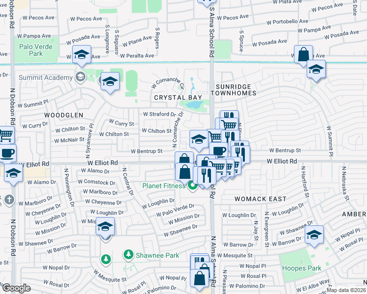 map of restaurants, bars, coffee shops, grocery stores, and more near 1126 West Elliot Road in Chandler