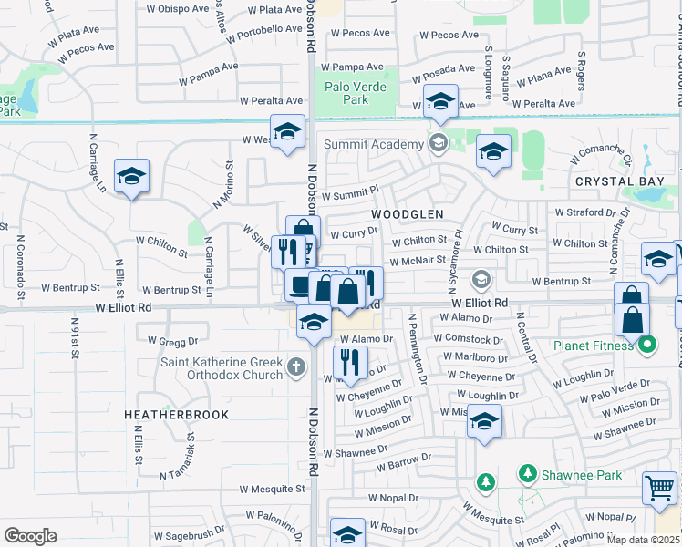 map of restaurants, bars, coffee shops, grocery stores, and more near 1800 West Elliot Road in Chandler