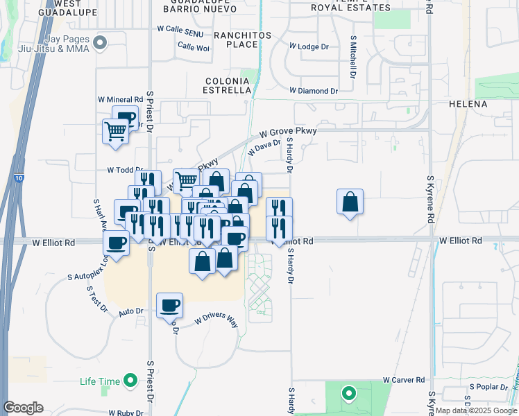 map of restaurants, bars, coffee shops, grocery stores, and more near 1140 West Elliot Road in Tempe