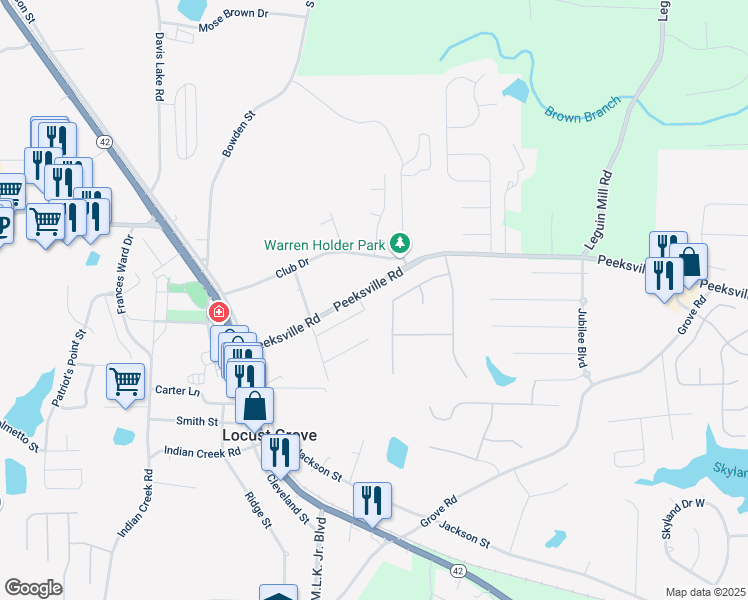 map of restaurants, bars, coffee shops, grocery stores, and more near 237 Paisley Way in Locust Grove