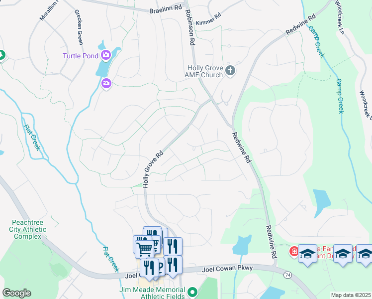 map of restaurants, bars, coffee shops, grocery stores, and more near 731 Redwood Park in Peachtree City