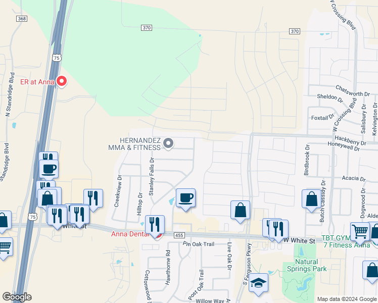 map of restaurants, bars, coffee shops, grocery stores, and more near 2005 Hanakoa Falls Drive in Anna